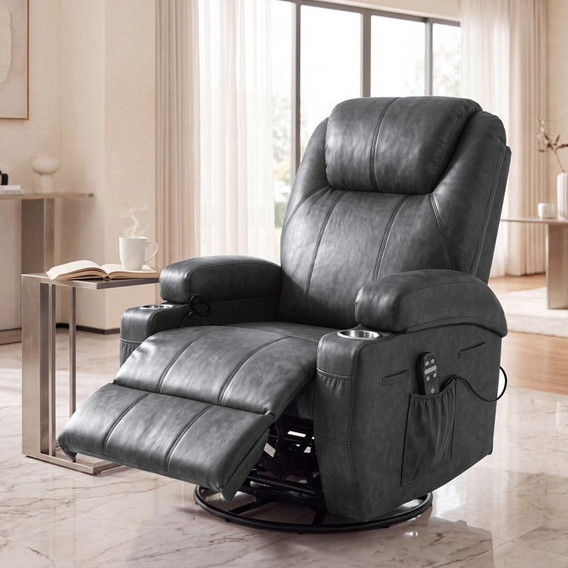 Fauteuil de massage inclinable avec fonction pivotante et berçante, Black leather