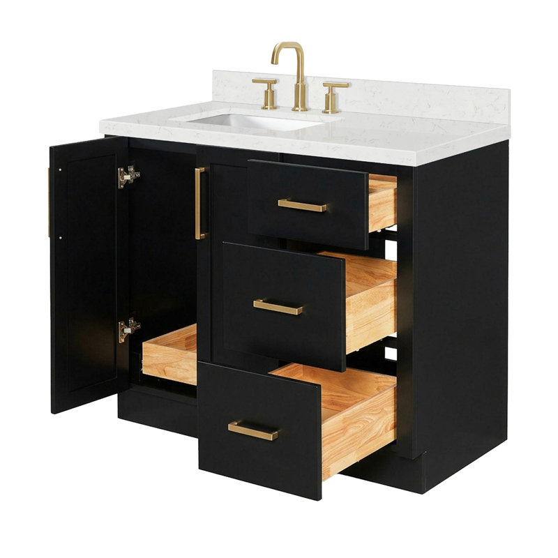 Meuble-lavabo rectangulaire simple décalé à gauche de 42 pouces avec comptoir en quartz blanc de Carrare de 1,5 pouce d'épaisseur, finition noire.