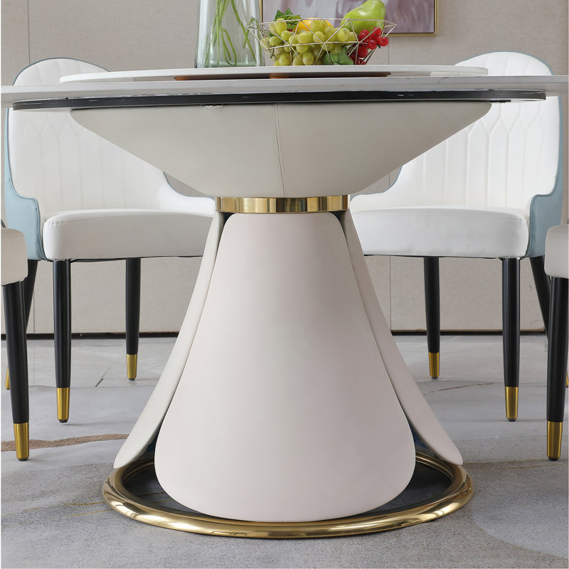 Table de salle à manger moderne en pierre frittée de 59,05 po avec table tournante ronde de 31,5 po avec piédestal exquis en bois et en métal et chaises de 8 pièces