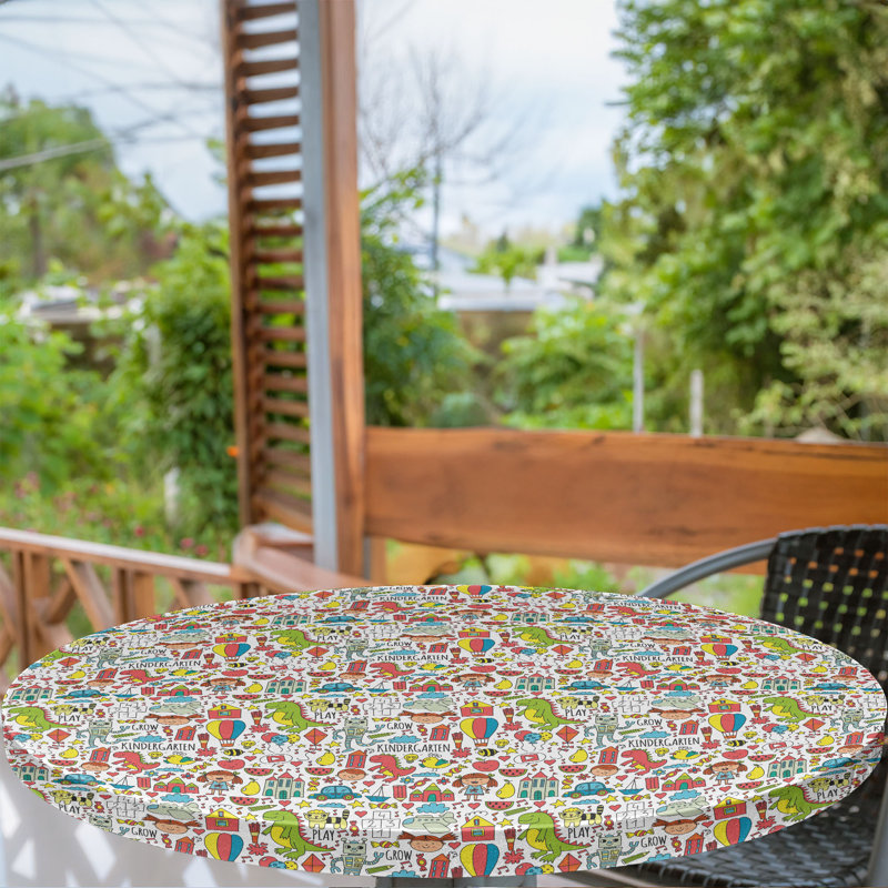 Cartoon Fitted Round Tablecloth White Multicolor, 64.17" Round