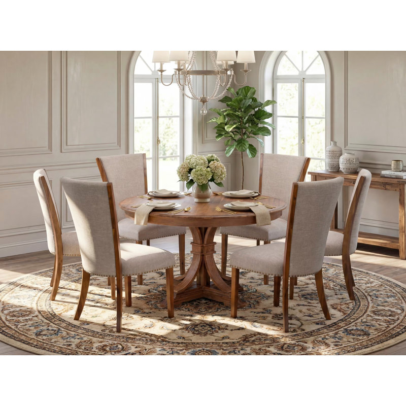 L'ensemble de salle à manger 7 pièces pour 6 personnes comprend une table ronde avec piédestal et 6 chaises Parson en lin brun clair, noyer antique