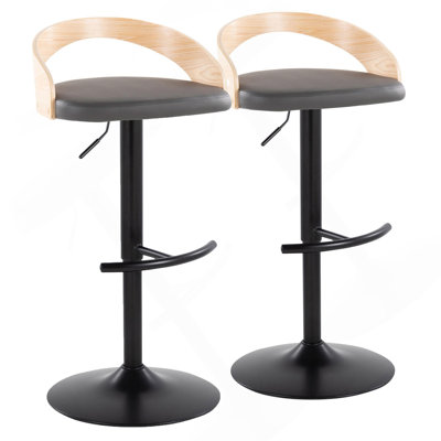Grotto Contemporary Adjustable Barstool With Swivel In Black Metal, Natural Wood And Grey Faux Leather With Rounded T Footrest By Lumisource - Set Of 2