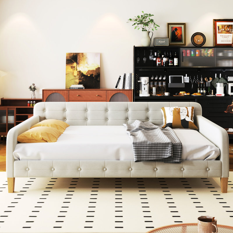 Lit de jour rembourré en taille double, blanc, design fonctionnel avec 4 pieds stables, taille luxueuse, pratique,