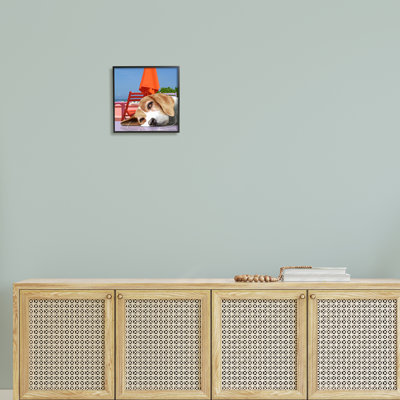 Stupell Industries Tired Dog Laying Music Headphones Summer Beach Giclee Texturized Art Set By Noah Bay In Midnight Black Framed Giclee
