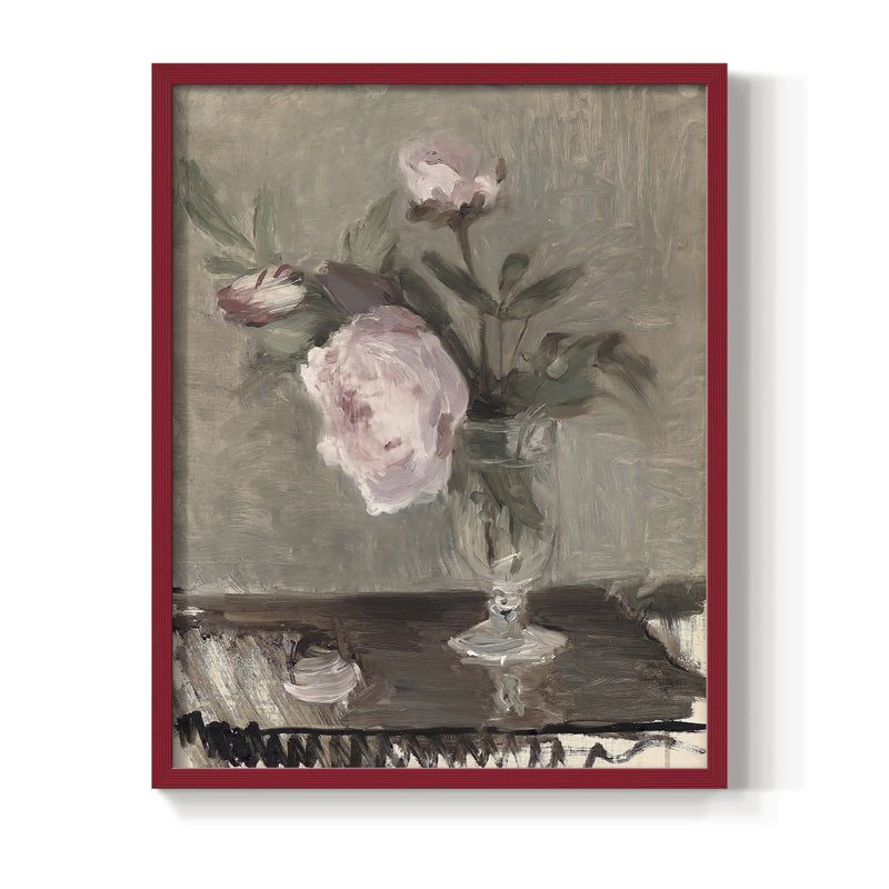 Reproduction florale rétro Lxxxvii encadrée - bois massif, H 30 po x l 24 po, Rouge