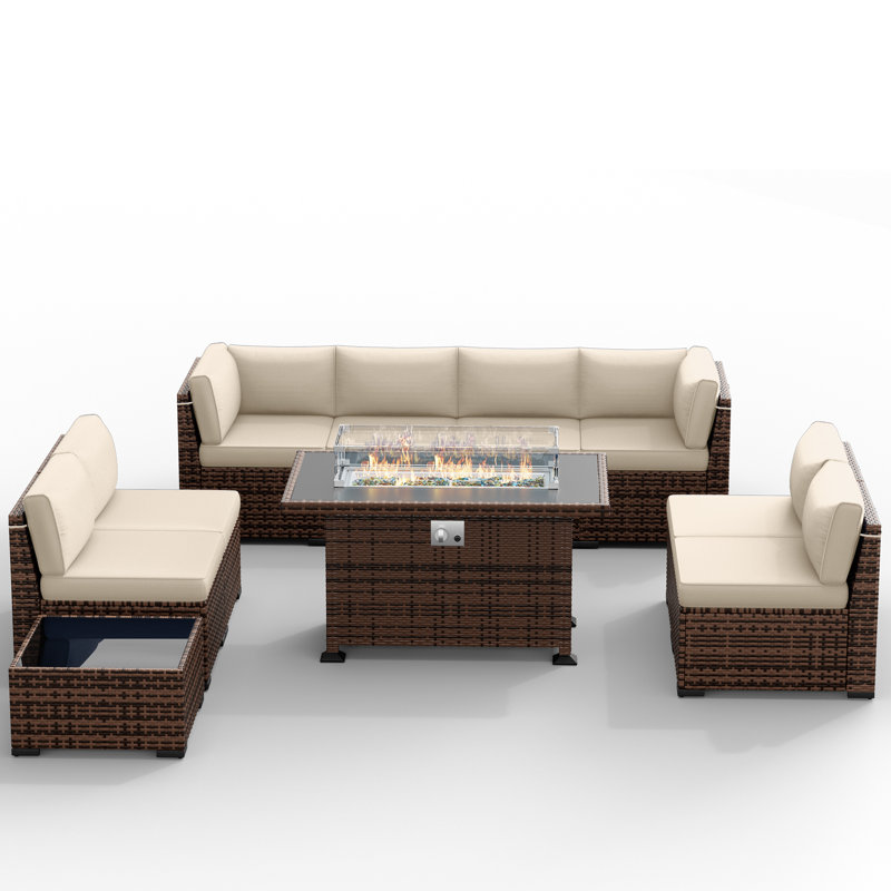 Bhairavi Wicker - Person Modular Patio Conversation Set with Cushions, Khaki, 8