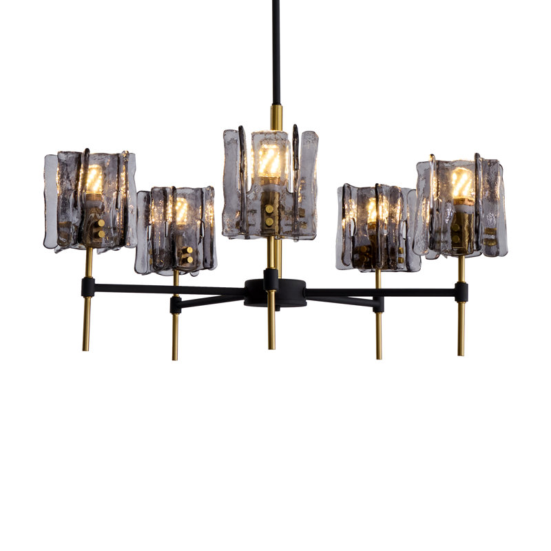 Lustre suspendu en verre 5 lumières avec chaîne réglable, finition noire et laiton