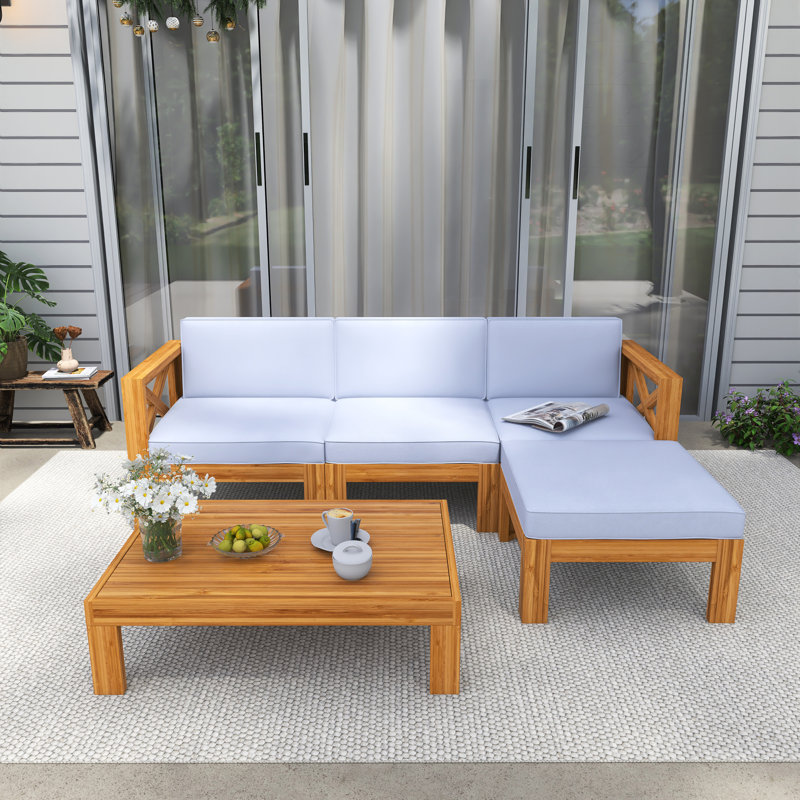Ensemble de conversation modulaire en bois massif 5 pièces avec coussins, Gris