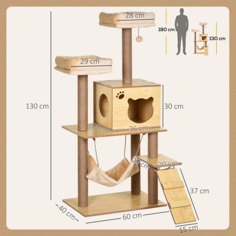 130cm Multi‑Level Plush Cat Tower with Five Jute Scratching Posts, Cat House & Hammock, Yellow