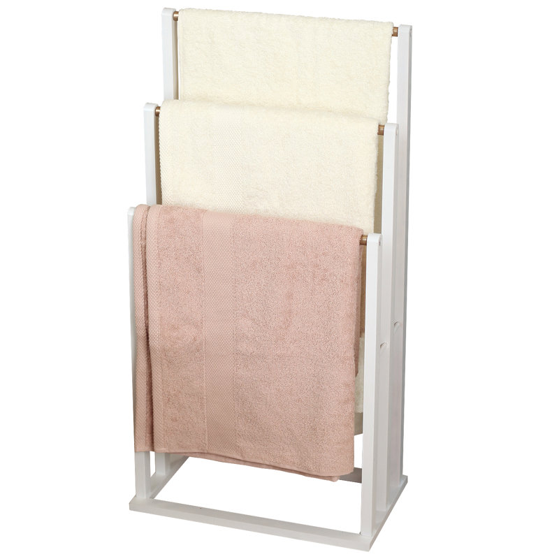 Froppi Bamboo Free Standing Towel Rack White Wooden Towel Holder with 3 Golden Bars L42 W24 H81.5 cm