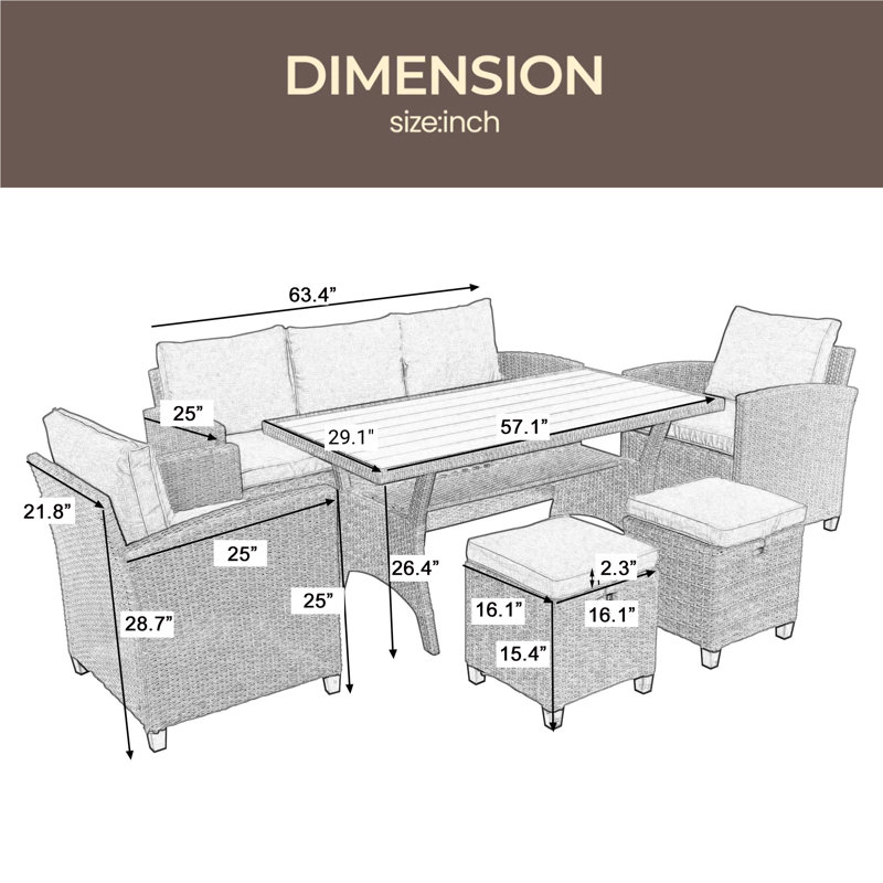 Ensemble de 6 chaises d'extérieur en osier de rotin pour patio, chaise, tabourets et table, Naturel, Brun