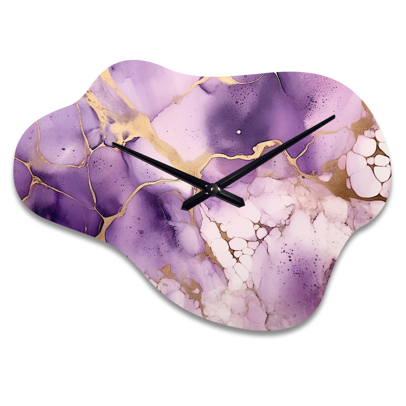 Horloge murale asymétrique en métal Channing, encre en marbre mauve et doré VII, Petit