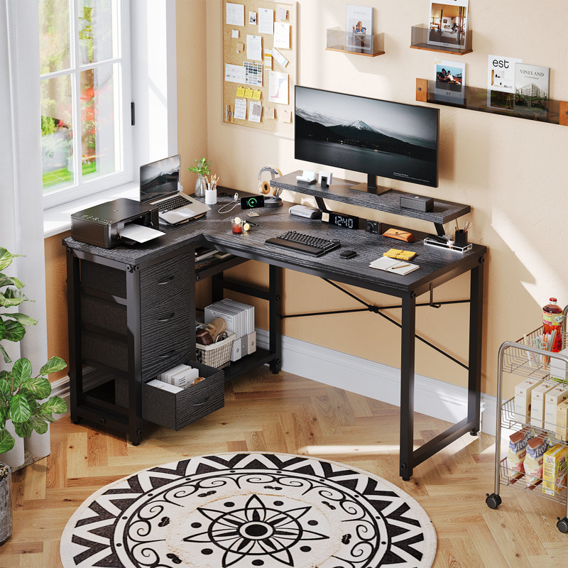 L-Shaped Metal Base Computer Desk, Black