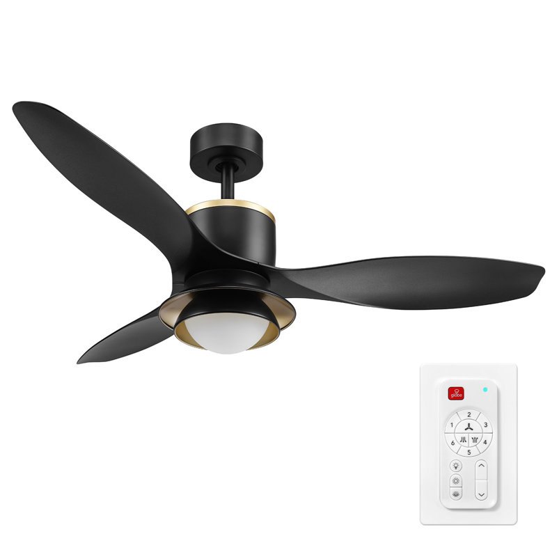 Ventilateur de plafond intégré à 3 pales à DEL avec télécommande et accents en laiton, H 18,18 po x l 48 po x P 48 po, Noir