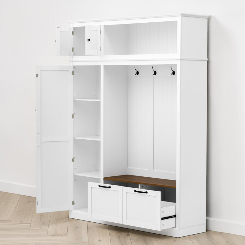 Hall Tree With Storage Bench, Entryway Organization, Side Cabinet And Drawers, Modern Farmhouse, Mudroom, White