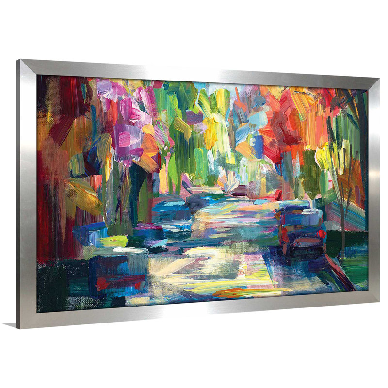 Joyaux du matin - peinture encadrée sur acrylique, Encadrement argenté, H 33,5 po x l 49,5 po x P 1 po
