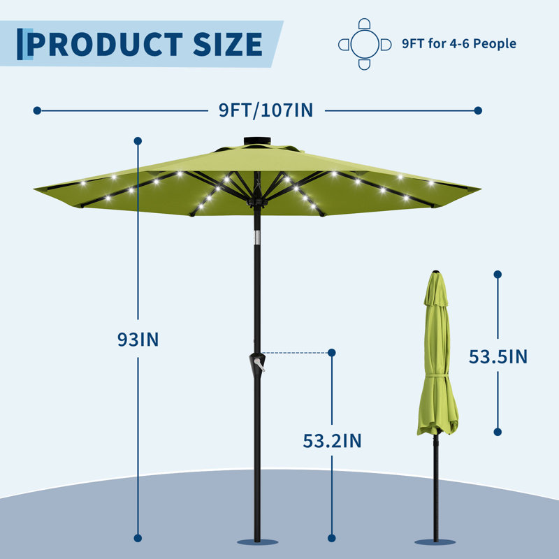 Parasol de patio 9 pi avec manivelle, parasol de table d'extérieur avec bouton-poussoir inclinable et 8 baleines pour terrasse piscine