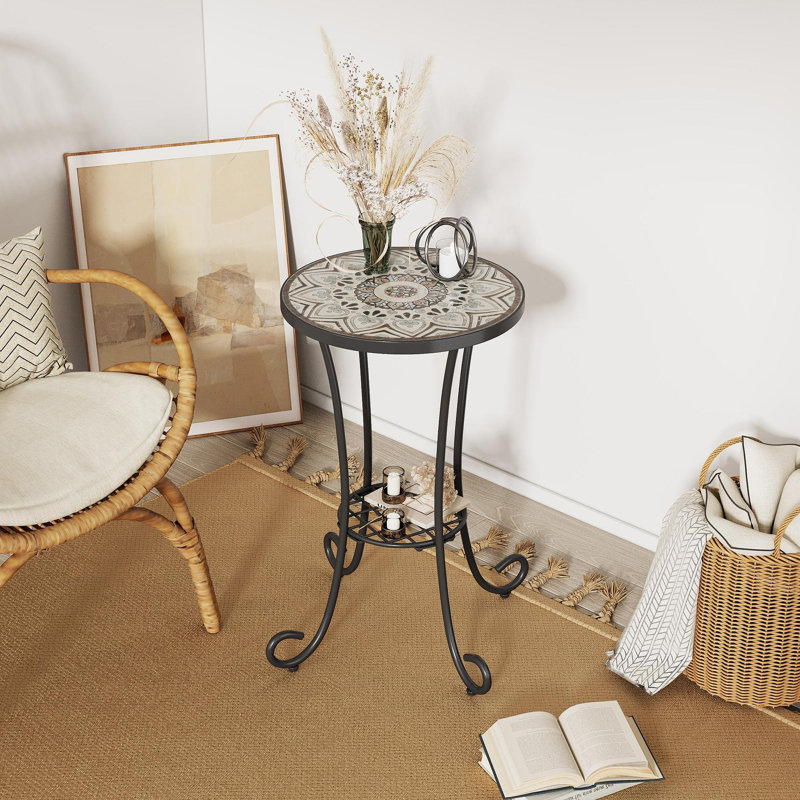Patio Side Table With Shelf,Brown+Black