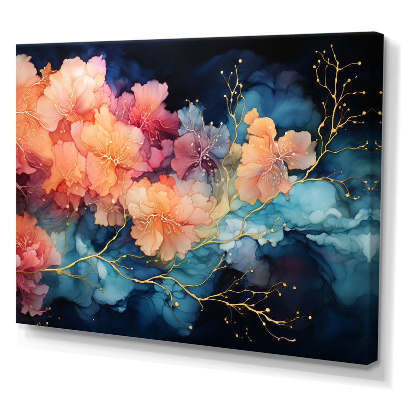 Céleste, corail et ciel bleu, impression sur toile, Toile tendue, H 34 po x l 44 po x P 1,5 po