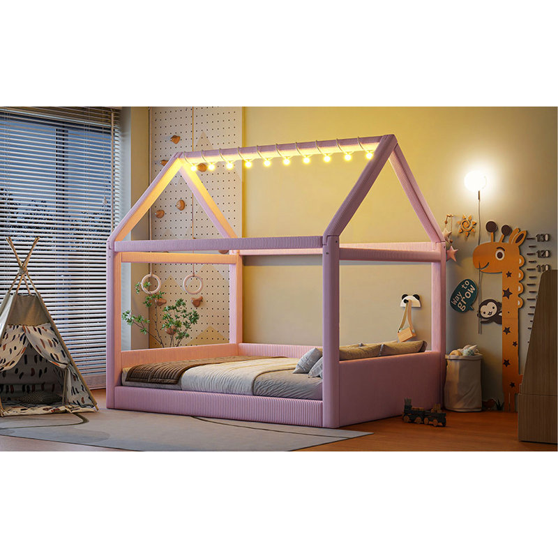 Full Size Upholstered Pink Daybed In House Design With 2 - Color Touchable Led Solid Frame, Vertical Striped Corduroy Lighting Adorable Shape, Easy Assembly