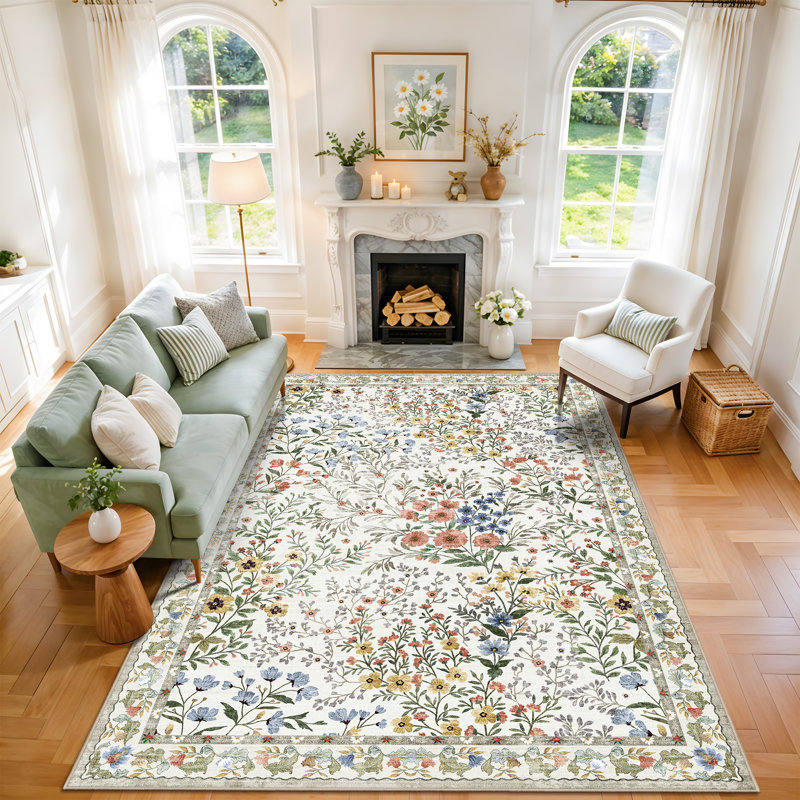 Tapis lavables à motif floral 180 x 270 cm : Tapis imprimé fleuri bohème mignon, antidérapant, à poils courts, idéal pour le salon, la chambre à coucher, la cuisine, le bureau, l’entrée, le couloir ou une pièce de style champêtre.