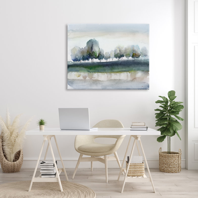 Arbre, verger, rivière qui coule, aquarelle, scène naturelle, art mural par Nan, H 36 po x l 48 po x P 1,5 po, Toile tendue