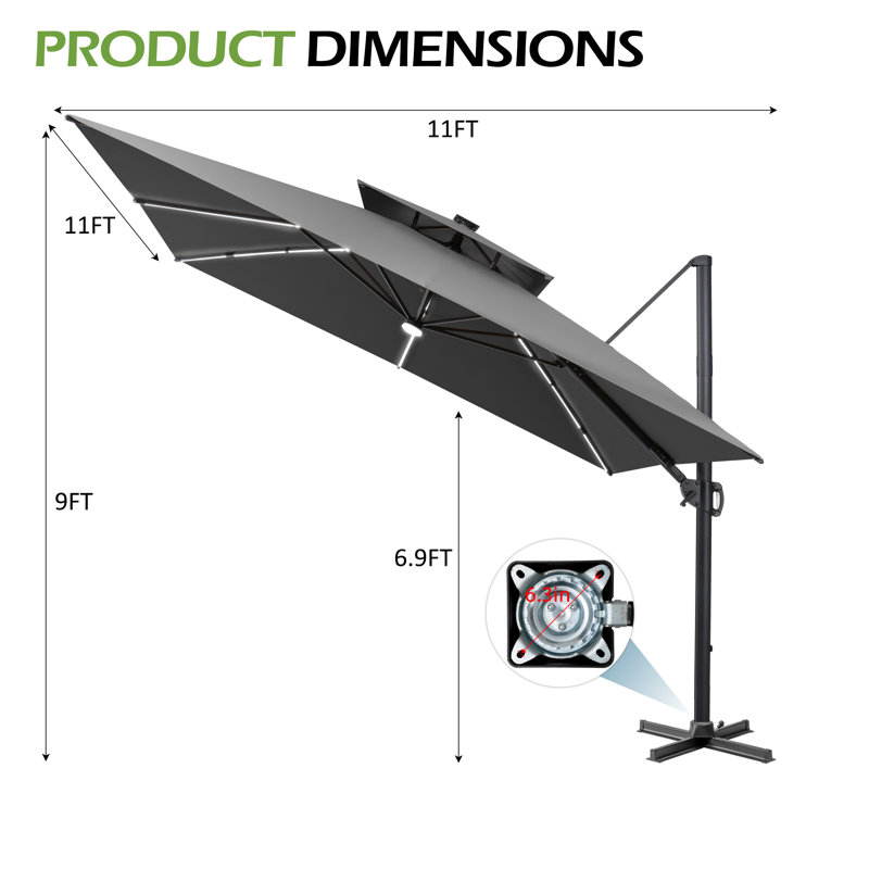  Parasol de patio en porte-à-faux à DEL 128 po x 128 po, Dark Grey