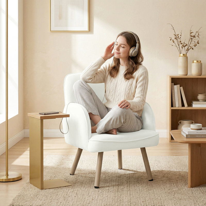 Upholstered Accent Chair, Cream, Natural Wood