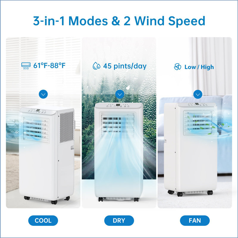 8000 Btu Portable Air Conditioner With 3-in-1 Cooling, Dehumidifying, And Fanning Functions, Remote Control, 24-hour Timer, Sleep Mode, Adjustable Thermostat, Window Kit, And Energy-efficient Design