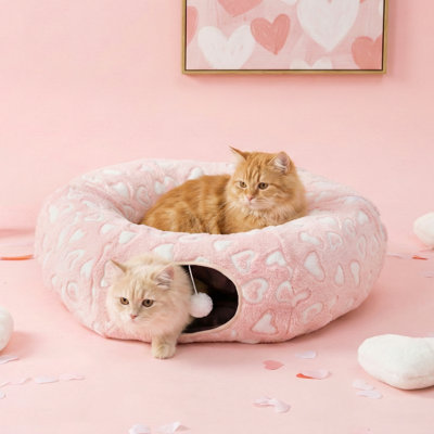 3-in-1 Transformable Plush Cat Tunnel Toy with Cat Bed for Indoor Cats-Pink, Round