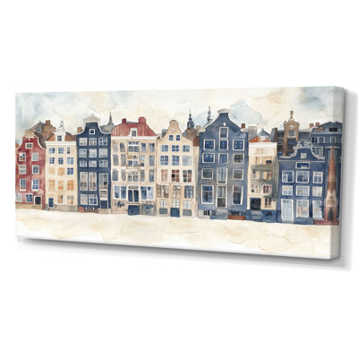 Maisons des canaux d'Amsterdam - Tableau encadré sur toile représentant un paysage urbain bleu marine