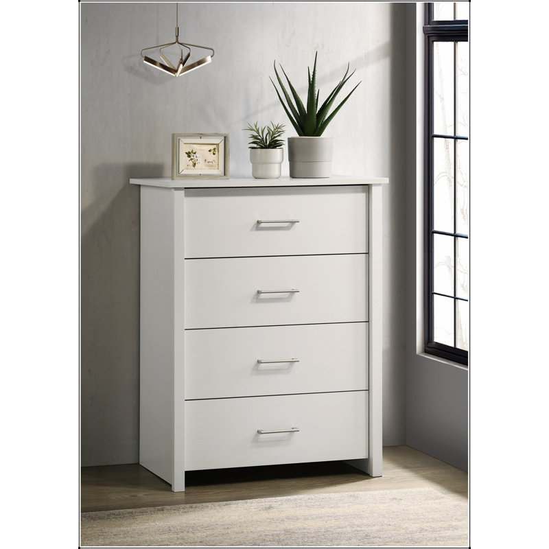 Commode blanche à 4 tiroirs avec poignées argentées durables Celeste, Blanc / argenté
