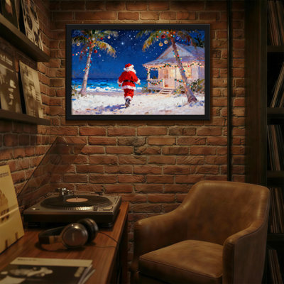 Christmas Santa Runs On Beach Near Tropical House