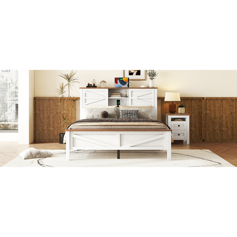 Lit plateforme double avec porte de grange coulissante en bois rustique pour grand lit avec plateforme de charge, support et lattes, blanc et beige