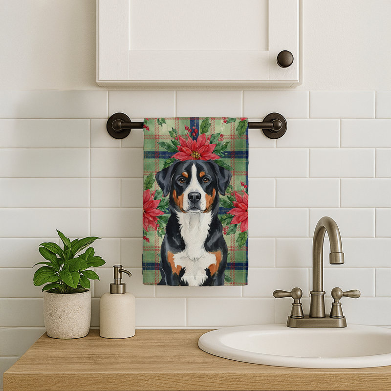 Greater Swiss Mountain Dog Christmas PoinsettIas Kitchen Towel, Black/White Greater Swiss Mountain Dog