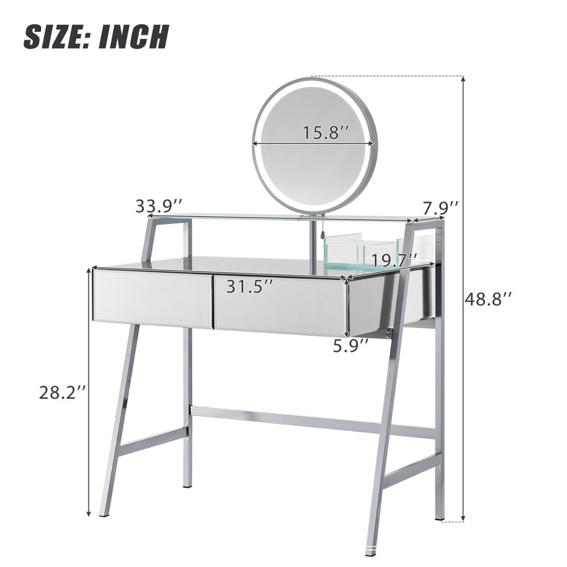 Chic Mirrored Makeup Vanity Desk with Storage and Charging Feature for Bedroom