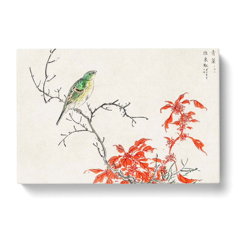 Bunting Bird & Orange Flowers by Numata Kashu - Wrapped Canvas Painting, 35cm H x 50cm W x 3cm D