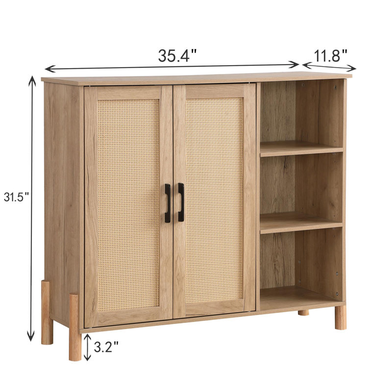 Mid-Century Modern Storage Cabinet with Woven Doors, Open Shelves & Adjustable Shelves