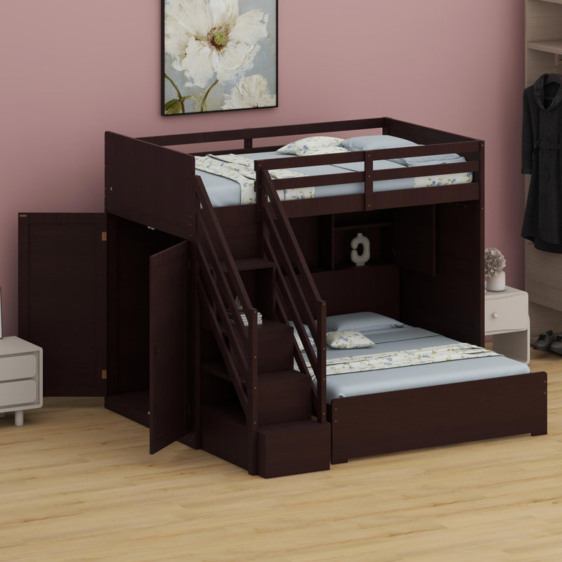Space-Saving Loft Bed Featuring Climbing Storage Steps, Attached Closet, Multi-Port USB Hub, and LED Light System, Espresso