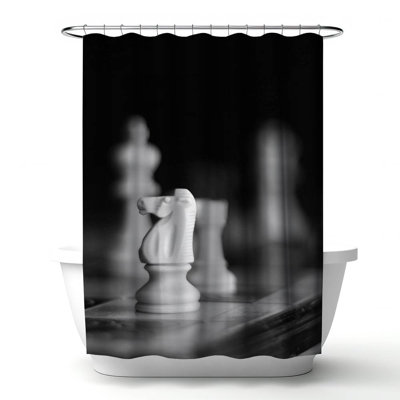 White – Minimalist Monochrome Chess Design – Polyester Shower Curtain, Dye Sublimation Print, 71" W × 74" L
