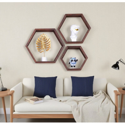 Hexagon Floating Shelves Set Of 3, Honeycomb Wall Shelves For Bathroom Kitchen Bedroom Living Room, Rustic Wood Farmhouse Storage Shelf, Wall Mounted Display Organizer