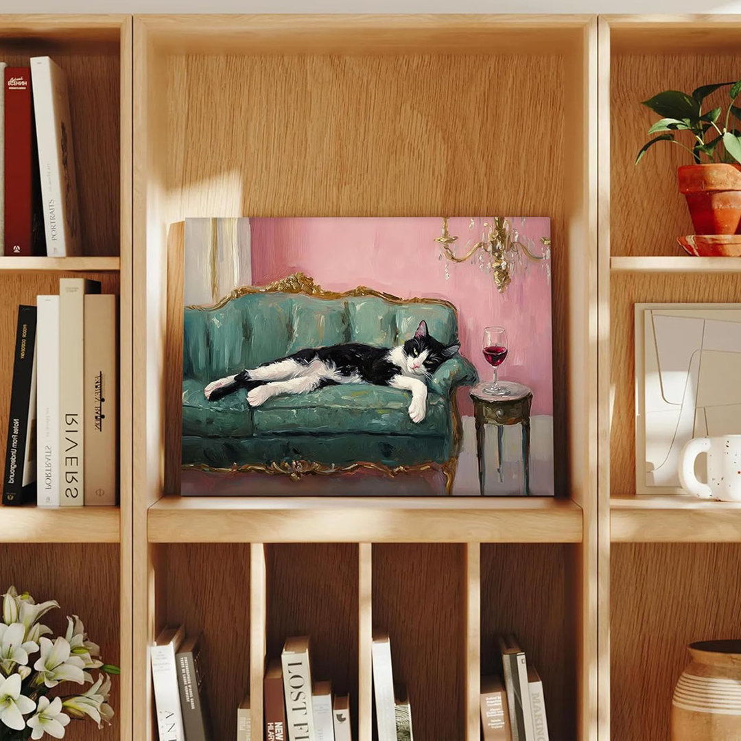 Cat With Red Wine Canvas Wall Art Quirky Whimsical Cocktail Bar Cart Painting Picture Wall Decor Eclectic Bar Decor Poster Print Artwork For Bar Kitch
