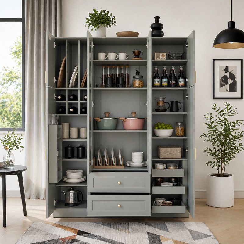 Grande armoire de cuisine moderne 53,2 po, armoire de rangement autoportante avec 6 portes, tablettes réglables, tiroirs, plateaux coulissants et porte-bouteilles