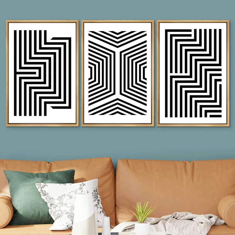 Linear Geometry " Black And White Stripes And Lines Geometric Patterns Abstract Shape Illustration Modern Art Chic " 3 - Pieces