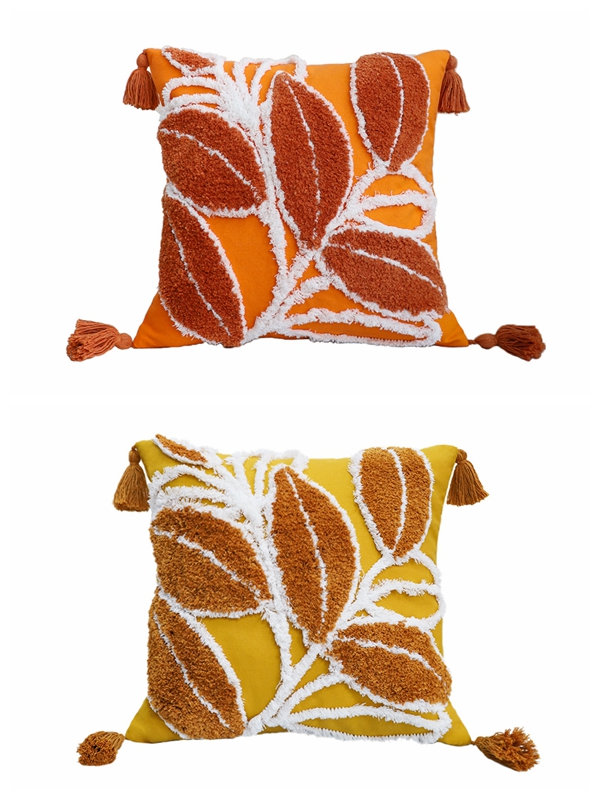(Couvertures avec insertions) Ensemble de 2 coussins décoratifs à motif de feuilles, Orange/jaune