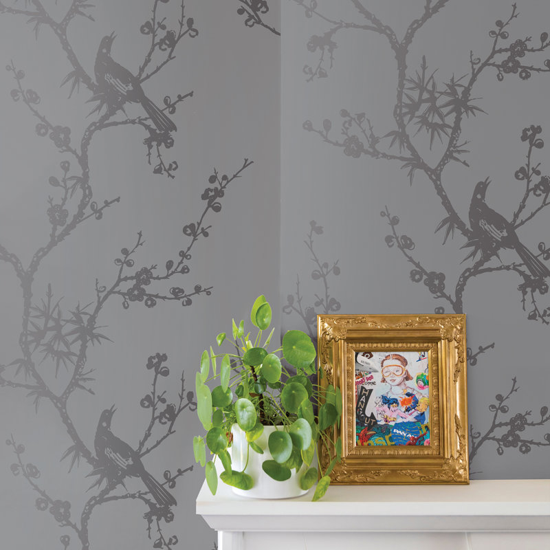 Papier peint peler et coller avec oiseaux par Cynthia Rowley, gris