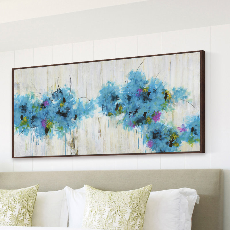 "blue fleuris" par julie joy floater, reproduction d’art sur toile encadrée, H 30 po x l 60 po x P 1,5 po