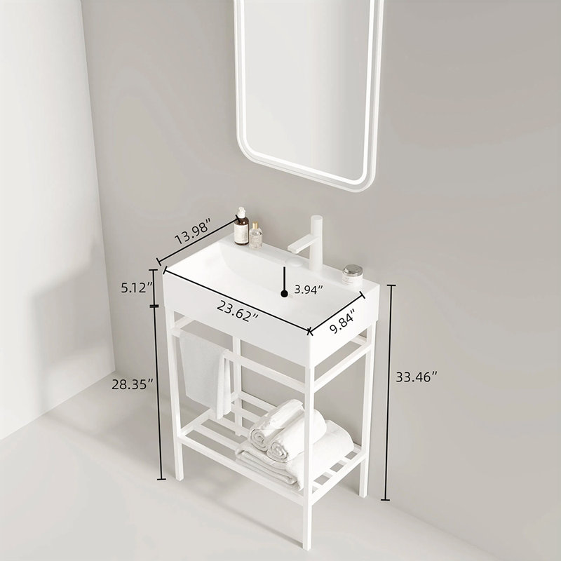 Meuble-lavabo 24 po avec lavabo en céramique sans robinet, Blanc, Blanc
