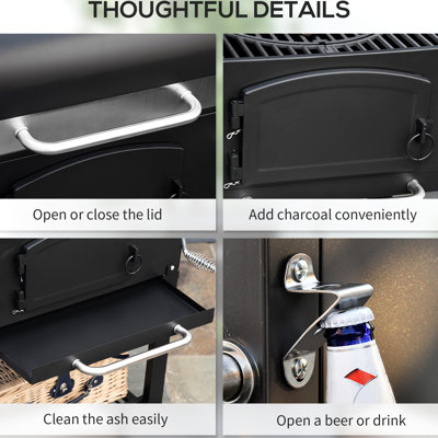 Barbecue au charbon de bois avec tables d'appoint pliantes et rangement, hauteur réglable, thermomètre, roues pour ouvre-bouteilles de patio, noir, roues,