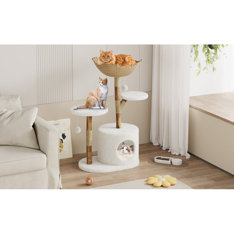 Grand arbre à chat moderne en osier avec plusieurs niveaux, 42.91" H x  28.74" W x  17.32" D 